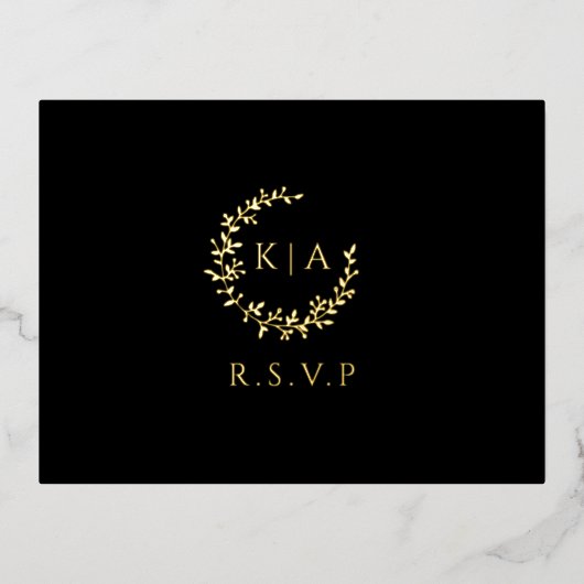 Elegant Monogram Krans Trouwen RSVP Real Folie Uitnodiging Briefkaart (Voorkant)