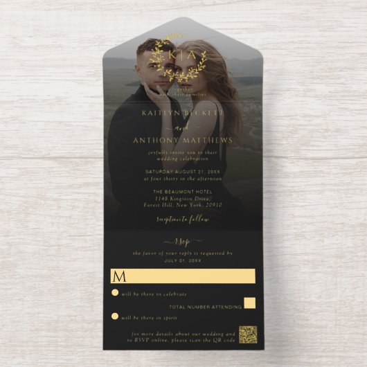 Elegant Monogram Krans Trouwfoto Echte Folie All In One Uitnodiging (Binnenkant)