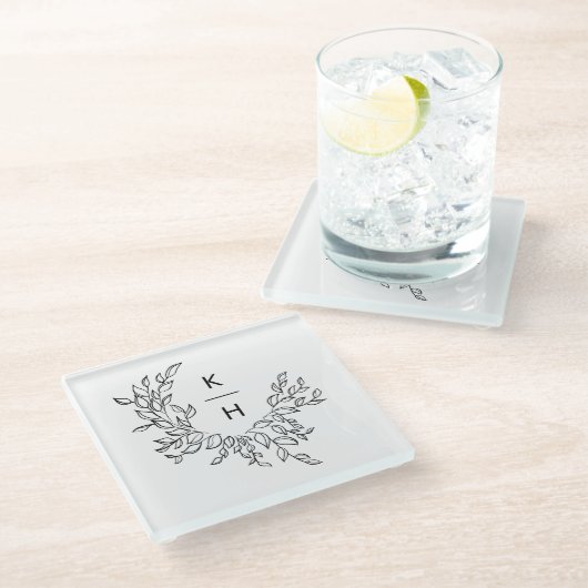 Elegant Monogram Krans Trouwpaar Glazen Onderzetter (Schuin)
