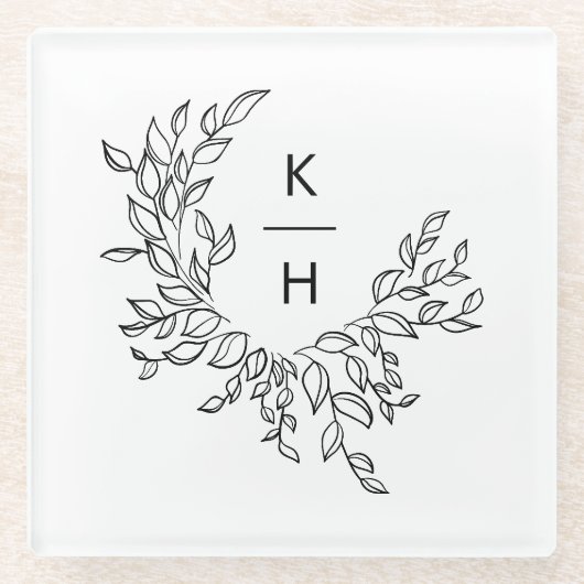 Elegant Monogram Krans Trouwpaar Glazen Onderzetter (Voorkant)