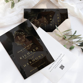 Elegant Monogram Krans Zwart Foto Opslaan van de D Folie Uitnodiging