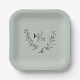 Elegant Monogram Laurel Krans Sage Trouwen Papieren Bordje