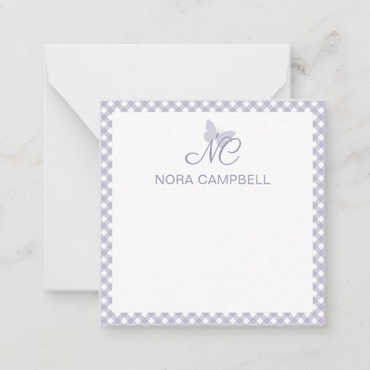 Elegant monogram lavendel gingham gepersonaliseerd notitiekaartje (Voorkant)