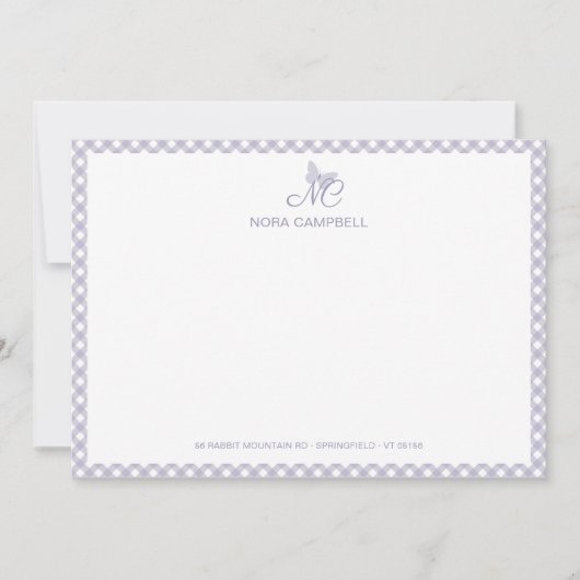 Elegant Monogram Lavendel Gingham Note Kaart Notitiekaartje (Voorkant)
