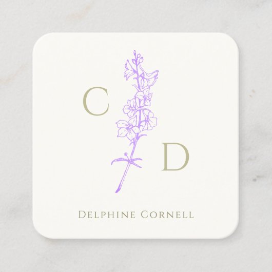 Elegant Monogram Lavendel Larkspur Bloemen Vierkante Visitekaartje (Voorkant)