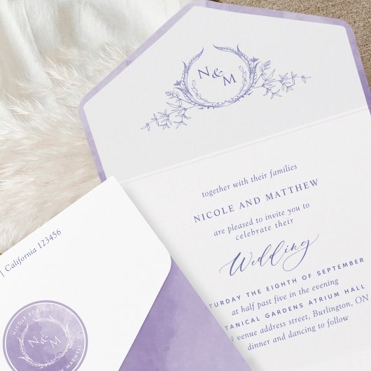 Elegant Monogram Lavender Lila Waterverf Wedding All In One Uitnodiging