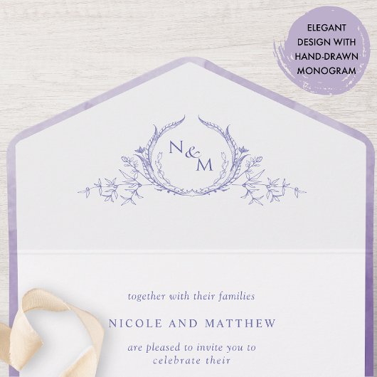 Elegant Monogram Lavender Lila Waterverf Wedding All In One Uitnodiging