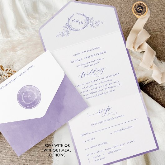 Elegant Monogram Lavender Lila Waterverf Wedding All In One Uitnodiging