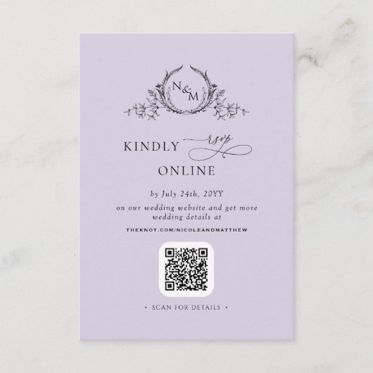 Elegant Monogram Lavender QR Code / RSVP Online Informatiekaartje (Voorkant)