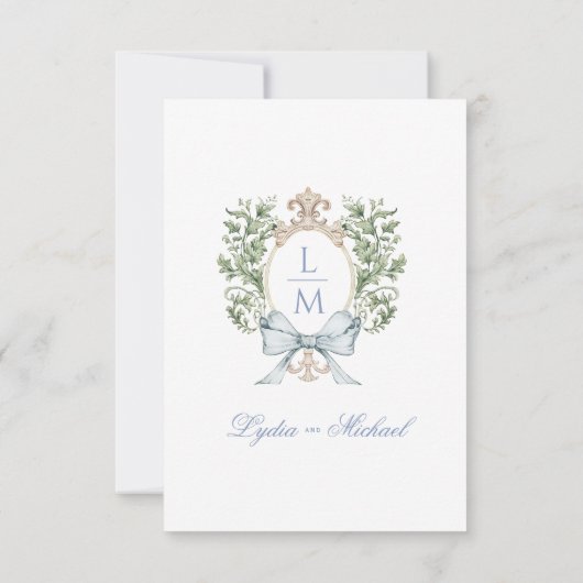 Elegant Monogram Leaf Crest w / Bow RSVP-kaart Bedankkaart (Achterkant)