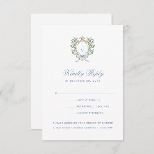 Elegant Monogram Leaf Crest w / Bow RSVP-kaart Bedankkaart (Voorkant / Achterkant)