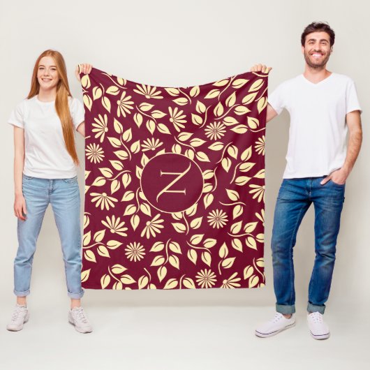 Elegant Monogram Leaf Daisy Pattern Burgundy Bath Fleece Deken (In situ)