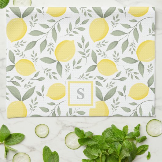 Elegant  monogram Lemons en Leaves Pattern Theedoek (Gevouwen)