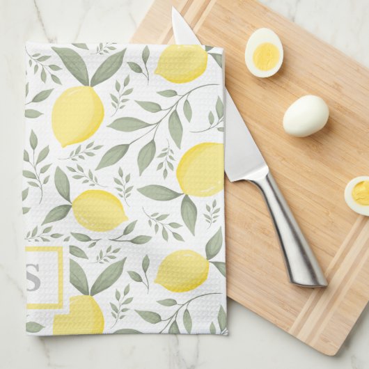 Elegant  monogram Lemons en Leaves Pattern Theedoek (Quarter Fold)