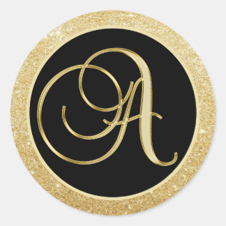 Elegant Monogram Letter A Zwart Goud Glitter Seals Ronde Sticker
