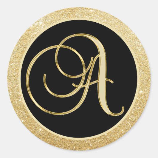 Elegant Monogram Letter A Zwart Goud Glitter Seals Ronde Sticker (Voorkant)