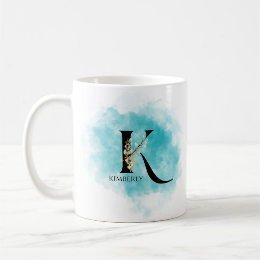 Elegant monogram letter K Blauwgroen gouden bloem Koffiemok (Links)