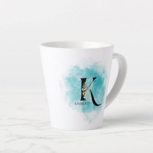 Elegant monogram letter K Blauwgroen gouden bloem Latte Mok (Rechterhoek)