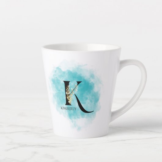 Elegant monogram letter K Blauwgroen gouden bloem Latte Mok (Rechts)