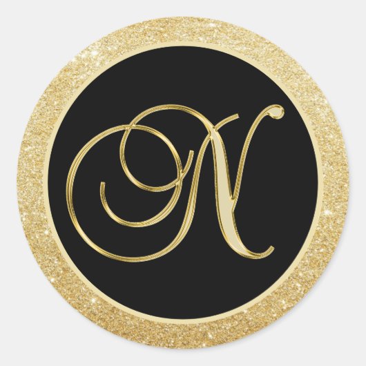 Elegant Monogram Letter N Zwart Goud Glitter Seals Ronde Sticker (Voorkant)