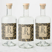 Elegant Monogram Letter R, Black & Gold Leaf Likeurfles Etiket (Flessen)