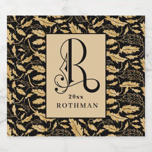Elegant Monogram Letter R, Black & Gold Leaf Likeurfles Etiket (Enkel label)