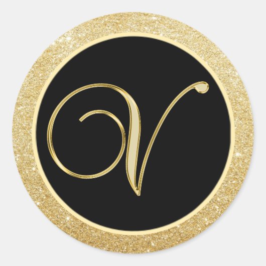 Elegant Monogram Letter V Zwart Goud Glitter Seals Ronde Sticker (Voorkant)