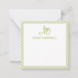 Elegant Monogram Lichtgroene Gingham gepersonalise Notitiekaartje