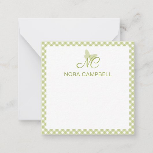 Elegant Monogram Lichtgroene Gingham gepersonalise Notitiekaartje (Voorkant)
