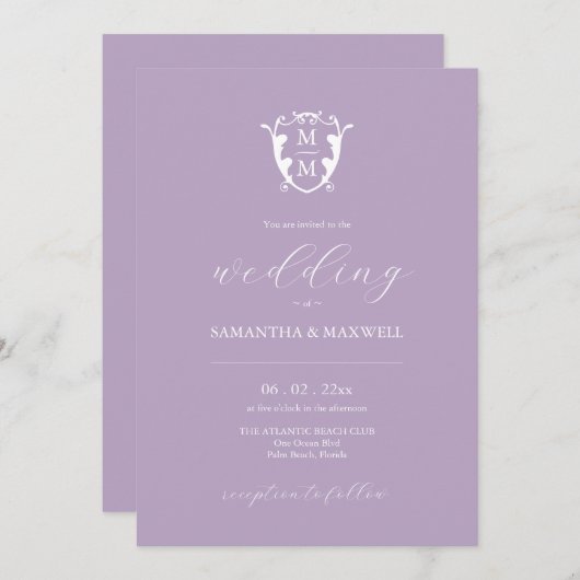 Elegant Monogram Lila bruiloft uitnodigingen (Voorkant / Achterkant)