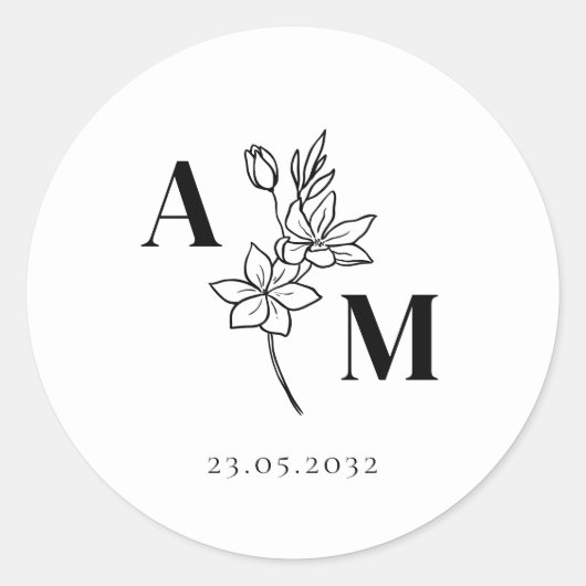 Elegant, Monogram, Line Art Bloem, Bruiloften Ronde Sticker (Voorkant)