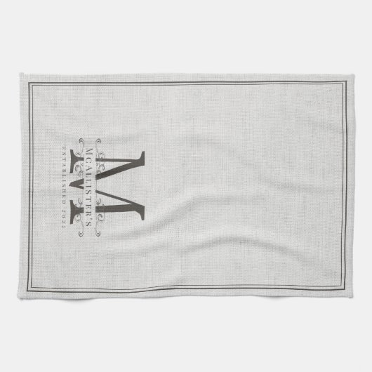 Elegant Monogram Linen Familie vestigt Jaar Theedoek (Horizontaal)