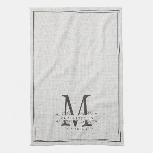 Elegant Monogram Linen Familie vestigt Jaar Theedoek (Verticaal)