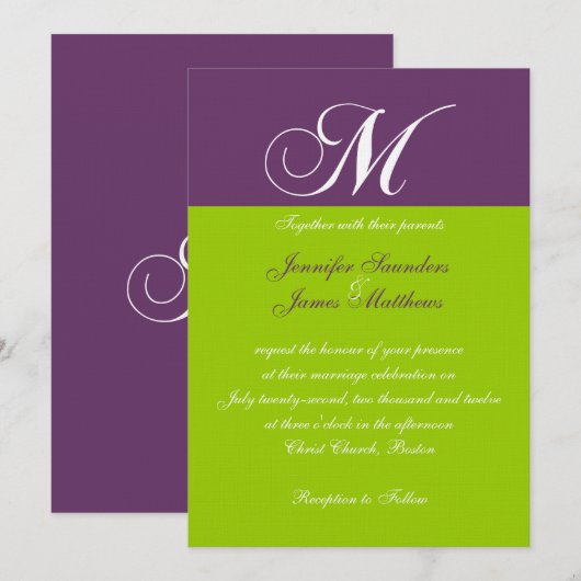 Elegant Monogram M Paarse Green Wedding Invitation Kaart (Voorkant / Achterkant)