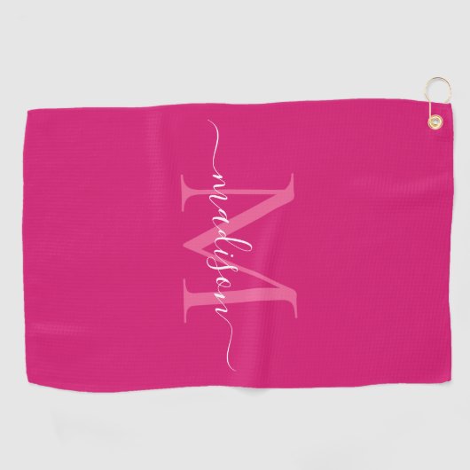 Elegant Monogram Magenta Roze Wit Girly Script Golfhanddoek (Horizontaal)