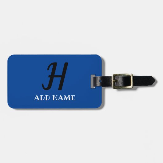 Elegant Monogram Manuscript Modern Blauw voeg Naam Bagagelabel (Voorkant horizontaal)