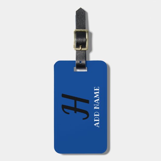 Elegant Monogram Manuscript Modern Blauw voeg Naam Bagagelabel (Voorkant verticaal)