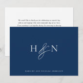 Elegant Monogram Marine Blauw Bruiloft Bedankkaart (Voorkant / Achterkant)