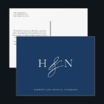 Elegant Monogram Marine Blauw Bruiloft Dank u Briefkaart<br><div class="desc">Elegant bruiloft monogram dank u briefkaart. Dit marineblauwe bruiloft monogram briefkaart is voorzien van stijlvol script ampersand en klassieke typografie. Personaliseer door uw eigen monogram en andere details toe te voegen. Deze minimalistische monogram bruiloft dank u postcard zal ook perfect zijn als briefpapier van een paar.</div>