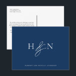 Elegant Monogram Marine Blauw Bruiloft Dank u Briefkaart<br><div class="desc">Elegant bruiloft monogram dank u briefkaart. Dit marineblauwe bruiloft monogram briefkaart is voorzien van stijlvol script ampersand en klassieke typografie. Personaliseer door uw eigen monogram en andere details toe te voegen. Deze minimalistische monogram bruiloft dank u postcard zal ook perfect zijn als briefpapier van een paar.</div>