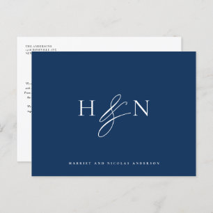 Elegant Monogram Marine Blauw Bruiloft Dank u Briefkaart