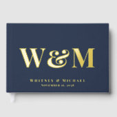 Elegant Monogram Marine Blauw Bruiloft Gastenboek (Voorkant)