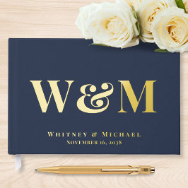 Elegant Monogram Marine Blauw Bruiloft Gastenboek