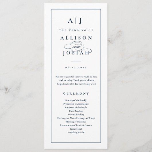 Elegant Monogram Marine Blauw Bruiloft Programmakaart (Voorkant)