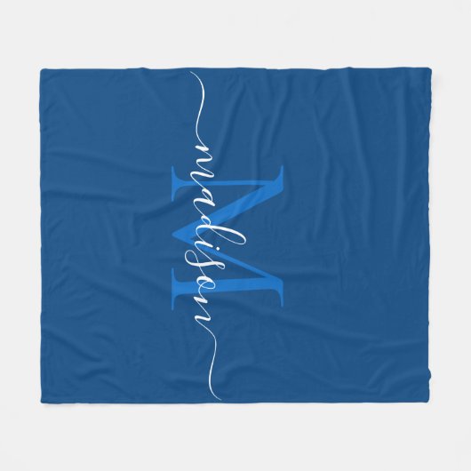 Elegant Monogram Marine Blauw Wit Modern Script Fleece Deken (Voorkant (Horizontaal))