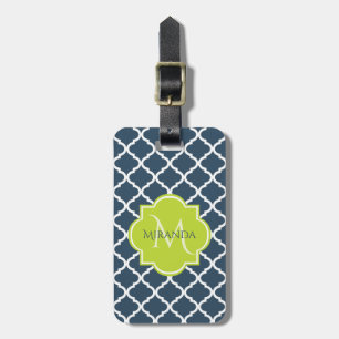 Elegant Monogram Marine Green Quatrefoil en Name Bagagelabel