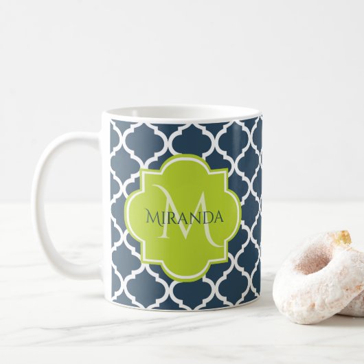 Elegant Monogram Marine Green Quatrefoil en Name Koffiemok (Met donut)