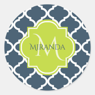 Elegant Monogram Marine Green Quatrefoil en Name Ronde Sticker