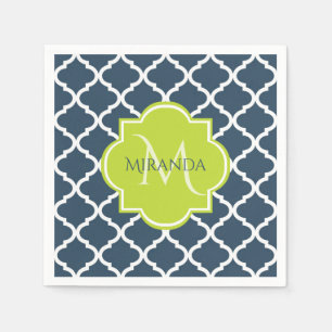 Elegant Monogram Marine Green Quatrefoil en Name Servet
