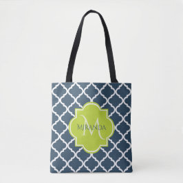 Elegant Monogram Marine Green Quatrefoil en Name Tote Bag